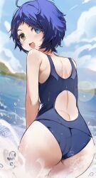Rule 34 | 1girl, :d, ahoge, ass, beach, blue hair, blue one-piece swimsuit, blurry, blurry background, blush, cloud, cloudy sky, from behind, heterochromia, highres, looking at viewer, one-piece swimsuit, ooto ai, open mouth, orobou, short hair, sky, smile, solo, swimsuit, teeth, upper teeth only, wading, water, water drop, wet, wonder egg priority, yellow eyes