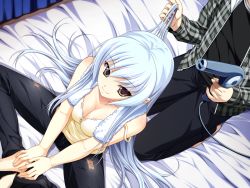 Rule 34 | 1boy, 1girl, artist request, barefoot, bed, blue hair, breasts, camisole, cleavage, drying, drying hair, from above, game cg, hair dryer, kureha, long hair, medium breasts, okitsune-sama no koisuru omajinai, ripped jeans, sitting, smile, strap slip, torn clothes, towel, towel around neck, very long hair, white hair, yellow eyes