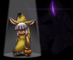 Rule 34 | 1boy, 1other, angry, animal ears, banana, blush, bondrewd, bune, bune poster, food, fruit, furry, halloween, halloween bucket, halloween costume, highres, made in abyss, md5 mismatch, nanachi (made in abyss), other focus, self-upload, spotlight, white hair, yellow eyes