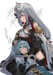 Rule 34 | 1boy, 1girl, @ @, age difference, aunt and nephew, blue eyes, blue hair, blush, bodysuit, breast rest, breasts, child, chongyun (genshin impact), genshin impact, grey hair, hair ornament, half-closed eye, hand on another&#039;s head, highres, lap pillow, large breasts, long hair, lying, on back, onee-shota, shenhe (genshin impact), sweatdrop, tall female, the olphy, white hair
