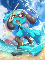 Rule 34 | absurdres, air bubble, bubble, cloud, commentary request, creatures (company), day, fangs, from below, game freak, gen 4 pokemon, goggles, highres, holding, holding swim ring, innertube, nintendo, nullma, open mouth, outdoors, pokemon, pokemon (creature), riolu, sky, snorkel, solo, standing, swim ring, tongue, wading, water, water drop