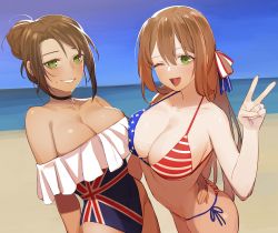 Rule 34 | 2girls, alternate costume, american flag, american flag bikini, american flag print, arched back, arms at sides, ass, asymmetrical bangs, beijuu, bikini, breasts, brown hair, choker, cleavage, collarbone, flag print, girls&#039; frontline, green eyes, hair between eyes, hair bun, hair ribbon, halterneck, hand on own hip, highres, jewelry, large breasts, lee-enfield (girls&#039; frontline), long hair, looking at viewer, multiple girls, nervous smile, one-piece swimsuit, one eye closed, open mouth, print bikini, print swimsuit, ribbon, ring, side-tie bikini bottom, single hair bun, smile, springfield (girls&#039; frontline), strapless, string bikini, swept bangs, swimsuit, teeth, union jack, union jack swimsuit, v, very long hair, wedding ring, wife and wife