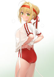 Rule 34 | 1girl, absurdres, ameyame, bloomers, blush, fate/grand order, fate (series), highres, nero claudius (fate), nero claudius (fate) (all), see-through, see-through shirt, smile, solo, underwear