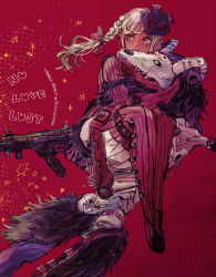 Rule 34 | 1boy, 1girl, animification, apex legends, black hair, black sclera, bootlegger loba, bow, braid, carrying, colored sclera, grey eyes, gun, hair bow, holding, holding gun, holding weapon, humanoid robot, jacket, loba (apex legends), looking ahead, princess carry, r-99 smg, red background, red bow, red jacket, revenant (apex legends), robot, science fiction, shourou kanna, silver hair, simulacrum (titanfall), sparkle, submachine gun, twin braids, unholy beast revenant, weapon