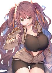 Rule 34 | 1girl, :d, bike shorts, black shorts, breasts, brown eyes, brown hair, brown jacket, cleavage, collarbone, commentary request, cowboy shot, fal maro, fang, hair ribbon, hand in own hair, highres, jacket, large breasts, long hair, looking at viewer, midriff, navel, open mouth, orange ribbon, original, ribbon, shorts, sidelocks, simple background, skin fang, smile, solo, thigh gap, thighs, twintails, v-shaped eyebrows, very long hair, white background, yellow eyes
