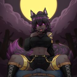 Rule 34 | 1boy, 1girl, :d, abs, animal ear fluff, animal ears, artist name, black choker, black hair, black sclera, black skirt, boots, breasts, bulge, choker, colored sclera, colored skin, commentary, commission, crop top, detached sleeves, dog ears, dog tail, earclip, english commentary, fangs, flaming eyes, forest, frenchthenhen, full moon, glasses, glowing, glowing eyes, grey skin, hair between eyes, hand to own mouth, hellhound (monster girl encyclopedia), hetero, highres, humanization, knee boots, large breasts, large tail, looking at viewer, midriff, monster girl, monster girl encyclopedia, monster girl encyclopedia ii, moon, multicolored hair, nature, navel, night, open mouth, original, outdoors, over-rim eyewear, pants, pink eyes, pleated skirt, ponytail, pov, purple eyes, purple hair, semi-rimless eyewear, skirt, smile, solo focus, spread legs, straddling, tail, thighlet, toned, tree, two-tone hair