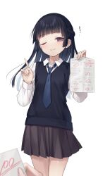 Rule 34 | 1girl, 1other, black hair, black vest, blue necktie, brown skirt, closed mouth, commentary request, cowboy shot, dress shirt, fang, half up braid, hands up, highres, holding, holding paper, index finger raised, light blush, long hair, long sleeves, looking at viewer, na-ga, necktie, one eye closed, original, out of frame, paper, pleated skirt, purple eyes, school uniform, shirt, sidelocks, simple background, skin fang, skirt, smug, solo, solo focus, standing, test score, translated, vest, white background, white shirt