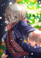 Rule 34 | 1girl, artoria pendragon (fate), blue jacket, blue sweater, blurry, blurry background, blush, christmas tree, fate/grand order, fate (series), glasses, hair between eyes, highres, jacket, long sleeves, looking at viewer, looking over eyewear, mysterious heroine x alter (fate), mysterious heroine x alter (first ascension) (fate), night, open clothes, open jacket, open mouth, outdoors, plaid, plaid scarf, reaching, red scarf, scarf, semi-rimless eyewear, silver hair, snowing, solo, sweater, tiri man, under-rim eyewear, upper body, yellow eyes