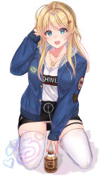Rule 34 | 1girl, ahoge, black skirt, blonde hair, blue eyes, blue jacket, blush, bottle, breasts, chocolate milk, cleavage, collarbone, fingernails, hachimiya meguru, hair ornament, hairclip, hand in own hair, highres, hood, hooded jacket, idolmaster, idolmaster shiny colors, jacket, jewelry, kneeling, large breasts, long hair, long sleeves, looking at viewer, milk bottle, miniskirt, muka tsuku, nail polish, necklace, open clothes, open jacket, open mouth, shirt, simple background, skirt, smile, solo, thighhighs, thighs, white background, white shirt, white thighhighs