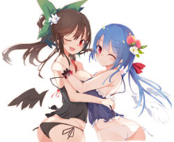 Rule 34 | 2girls, ;d, ass, asymmetrical docking, bad anatomy, bird wings, black hair, black panties, blue hair, bow, breast press, breasts, butt crack, camisole, flat ass, food, fruit, hair bow, hair ornament, hinanawi tenshi, long hair, medium breasts, multiple girls, one eye closed, open mouth, panties, peach, red eyes, reiuji utsuho, simple background, small breasts, smile, sword of hisou, tetsurou (fe+), touhou, underwear, white background, white panties, wings