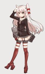 Rule 34 | &gt;:/, 10s, 1girl, :/, amatsukaze (kancolle), blush stickers, boots, brown eyes, choker, full body, garter straps, gloves, grey background, hair tubes, hand on own thigh, kantai collection, keita (tundereyuina), long hair, long sleeves, rensouhou-kun, sailor collar, shirt, silver hair, simple background, single glove, solo, thigh boots, thighhighs, two side up, v-shaped eyebrows, very long hair, white gloves