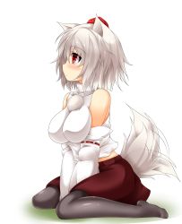 Rule 34 | 1girl, animal ears, bare shoulders, blush, breasts, detached sleeves, hat, highres, inubashiri momiji, large breasts, md5 mismatch, midriff, pantyhose, profile, red eyes, resolution mismatch, ribbon-trimmed sleeves, ribbon trim, short hair, silver hair, sitting, skirt, solo, source smaller, tail, tail wagging, tokin hat, touhou, transparent background, us2s, v arms, wariza, white background, wolf ears, wolf tail
