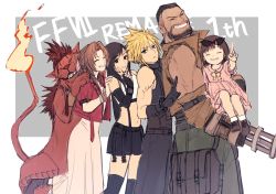 Rule 34 | 3boys, 3girls, aerith gainsborough, ah yoshimizu, anniversary, arm cannon, barret wallace, beard, black gloves, black hair, blonde hair, brown hair, cloud strife, cropped jacket, dark-skinned male, dark skin, dress, eyewear on head, facial hair, father and daughter, final fantasy, final fantasy vii, final fantasy vii remake, gloves, hands on another&#039;s shoulders, highres, index finger raised, looking at viewer, marlene wallace, midriff, multiple boys, multiple girls, navel, pink dress, red hair, red xiii, skirt, sleeveless, smile, spiked hair, square enix, stomach, sunglasses, thighhighs, tifa lockhart, weapon