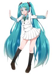 Rule 34 | 1girl, aqua eyes, aqua hair, black footwear, black socks, blouse, blue shirt, blue sleeves, blush, commentary, food-themed hair ornament, full body, green necktie, hair ornament, hatsune miku, headphones, headset, highres, jacket, kneehighs, light blush, long hair, looking at viewer, mary janes, miniskirt, necktie, open mouth, outstretched arms, pleated skirt, project diva (series), school (module), school uniform, shirt, shoes, skirt, smile, socks, solo, spring onion, spring onion hair ornament, standing, supo01, twintails, very long hair, vocaloid, white background, white jacket, white skirt, white uniform