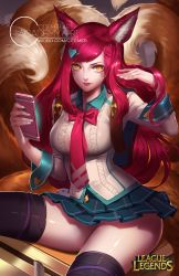 Rule 34 | 1girl, academy ahri, adjusting hair, ahri (league of legends), alternate costume, animal ears, backpack, bag, black thighhighs, blush, bow, breasts, cellphone, citemer, copyright name, cowboy shot, desk, facial mark, fox ears, fox tail, glowing, heart, holding, iphone, layered skirt, league of legends, liuruoyu8888, logo, long hair, looking at viewer, maroon hair, miniskirt, multiple tails, necktie, on desk, panties, pantyshot, phone, pink panties, pleated skirt, red hair, school desk, school uniform, sitting, on desk, skirt, sleeve cuffs, slit pupils, smartphone, solo, swept bangs, tail, thighhighs, underwear, very long hair, watermark, web address, whisker markings, yellow eyes