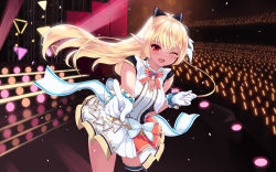 Rule 34 | 1girl, ;d, bad id, bad pixiv id, blonde hair, breasts, cait aron, cleavage, cleavage cutout, clothing cutout, commentary, cowboy shot, dark-skinned female, dark skin, gloves, glowstick, highres, hololive, hololive idol uniform, idol, idol clothes, long hair, looking at viewer, official alternate costume, one eye closed, open mouth, pointing, pointing at viewer, pointy ears, red eyes, shiranui flare, short sleeves, smile, solo, stage, virtual youtuber, white gloves