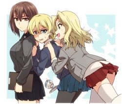 Rule 34 | 10s, 3girls, against wall, black legwear, black skirt, blazer, blonde hair, blouse, blue eyes, blue skirt, blue sweater, braid, brown eyes, brown hair, clipboard, commentary, cup, darjeeling (girls und panzer), dress shirt, dropping, girls und panzer, grey jacket, grey shirt, hair intakes, hands on another&#039;s shoulders, holding, jacket, kay (girls und panzer), kuromorimine school uniform, leaning forward, long hair, long sleeves, looking back, miniskirt, multiple girls, nishizumi maho, open clothes, open jacket, open mouth, pantyhose, pleated skirt, red skirt, saucer, saunders school uniform, school uniform, shirt, short hair, skirt, sleeves rolled up, smile, spilling, st. gloriana&#039;s school uniform, standing, standing on one leg, star (symbol), starry background, sweatdrop, sweater, teacup, thighhighs, tsuchinoko (muni muni), twin braids, white legwear, white shirt
