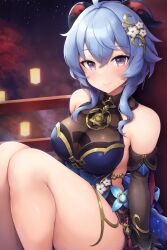 Rule 34 | 1girl, bare shoulders, blue dress, blue hair, blush, breasts, cleavage, closed mouth, commentary request, crossed bangs, detached sleeves, dress, ganyu (genshin impact), ganyu (twilight blossom) (genshin impact), genshin impact, goat horns, hair ornament, highres, horns, large breasts, long hair, long sleeves, looking at viewer, official alternate costume, purple eyes, see-through, see-through cleavage, sideless outfit, sitting, smile, solo, thick thighs, thighs, yuki usagi (snowcanvas)