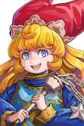 Rule 34 | 1girl, artist request, blonde hair, blue eyes, boots, charlotte (seiken densetsu 3), curly hair, elf, female focus, flail, hat, highres, holding, holding weapon, jester cap, long hair, long sleeves, looking at viewer, open mouth, pointy ears, seiken densetsu, seiken densetsu 3, simple background, smile, solo, square enix, sun symbol, tabard, teeth, thick eyebrows, tongue, very long hair, weapon, white background