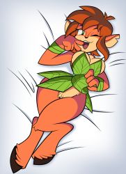 Rule 34 | 1girl, absurdres, alternate breast size, artist request, breasts, brown hair, cleavage, clothes lift, come hither, dress, elora, elora (spyro), faun, finger to mouth, furry, green eyes, highres, medium breasts, one eye closed, open mouth, short hair, skirt, skirt lift, smile, spyro (series), thick thighs, thighhighs, thighs, wide hips, wink