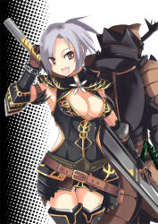 Rule 34 | 1girl, :d, arm up, armlet, armor, armpits, back-to-back, belt, black thighhighs, bracelet, breasts, capcom, cleavage, cleavage cutout, clothing cutout, earrings, elbow gloves, fishnets, flower, gloves, hair over one eye, helmet, holding, huge weapon, jewelry, johnny funamushi, leotard, midriff, monster hunter, monster hunter (series), monster hunter frontier, noir (armor), open mouth, parted bangs, pink eyes, polka dot, polka dot background, ponytail, short hair, side slit, silver hair, skirt, smile, solo, standing, sword, thigh gap, thighhighs, turtleneck, weapon, zettai ryouiki