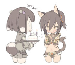 Rule 34 | 2girls, animal ears, birthday, blade (galaxist), blush, brown gloves, brown hair, cake, cat ears, cat girl, cat tail, chibi, cropped legs, dog ears, dog girl, dog tail, food, gloves, hair between eyes, looking at another, multicolored hair, multiple girls, navel, open mouth, ponytail, pop-up story, renge miyamoto, sidelocks, simple background, smile, streaked hair, suzuna isurugi, tail, translation request, twiddling fingers, white background, yellow eyes