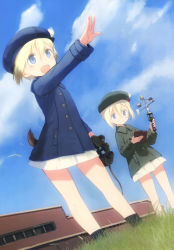 Rule 34 | 2girls, absurdres, aged down, anemometer, animal ears, beret, binoculars, black legwear, blonde hair, blue eyes, day, dog ears, dog tail, erica hartmann, glasses, hat, highres, jacket, multiple girls, non-web source, open mouth, outstretched hand, shimada fumikane, siblings, sisters, sky, strike witches: suomus misfits squadron, tail, ursula hartmann, wind, world witches series