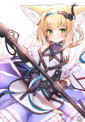 Rule 34 | 1girl, animal ears, arknights, bare shoulders, black collar, black gloves, blonde hair, blue hairband, blush, braid, character name, closed mouth, collar, commentary request, dress, earpiece, fox ears, frilled dress, frills, gloves, green eyes, hairband, highres, holding, holding staff, infection monitor (arknights), looking at viewer, material growth, milo1205, multicolored hair, oripathy lesion (arknights), pouch, purple dress, short hair, sidelocks, smile, solo, split mouth, staff, streaked hair, suzuran (arknights), tactical clothes, white hair