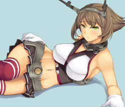 Rule 34 | 10s, 1girl, :/, arm support, bare shoulders, blue background, blush, breasts, brown hair, cleavage, collar, female focus, gloves, green eyes, hai ookami, headgear, kantai collection, large breasts, looking at viewer, lying, midriff, miniskirt, mutsu (kancolle), navel, on side, pleated skirt, red thighhighs, revision, short hair, sideboob, simple background, skirt, solo, striped clothes, striped thighhighs, thighhighs, white gloves, yellow eyes