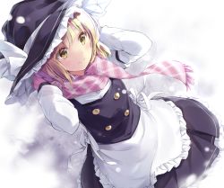 Rule 34 | 1girl, apron, arms behind head, arms up, black hat, black skirt, blonde hair, bow, dutch angle, from above, gloves, hat, hat bow, izuru, kirisame marisa, pink gloves, pink scarf, plaid, plaid scarf, scarf, skirt, smile, snow, snowing, solo, touhou, vest, white background, white bow, witch hat, yellow eyes