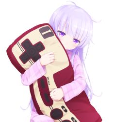 Rule 34 | 10s, 1girl, blush, body pillow, controller, famicom, game console, game controller, goribote, long hair, looking at viewer, messy hair, new game!, nintendo, pajamas, pillow, purple eyes, purple hair, sitting, solo, suzukaze aoba