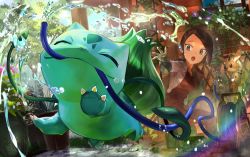 Rule 34 | 1girl, :o, aroma lady (pokemon), brown eyes, brown hair, bulbasaur, claws, closed eyes, closed mouth, commentary request, creatures (company), cutiefly, day, eyelashes, faucet, flower, game freak, gen 1 pokemon, gen 7 pokemon, gloves, green gloves, hose, leaf, long hair, matsumoto akira, mouth hold, nintendo, open mouth, pokemon, pokemon (creature), pokemon dppt, purple flower, sky, smile, tongue, water, water drop