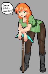 Rule 34 | 1girl, alex (minecraft), ass, boots, braid, breasts, brown pants, clothes lift, commentary, cropped legs, minecraft pickaxe, english text, fingernails, from behind, green eyes, green shirt, grey background, grey footwear, long hair, looking at viewer, minecraft, naughty face, open mouth, orange hair, pants, shirt, short sleeves, solo, speech bubble, symbol-only commentary, thick thighs, thighs, v-shaped eyebrows, void dot exe