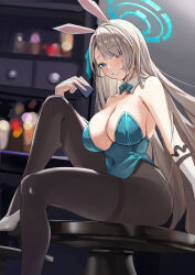 Rule 34 | 1girl, animal ears, aqua bow, aqua bowtie, aqua eyes, aqua leotard, asuna (blue archive), asuna (bunny) (blue archive), bare shoulders, black pantyhose, blue archive, blurry, blurry background, blush, bokeh, bow, bowtie, breasts, brown hair, card, cleavage, collarbone, commentary, covered navel, depth of field, detached collar, fake animal ears, gloves, grin, hair ornament, hair over one eye, hair ribbon, halo, hand up, high heels, highleg, highleg leotard, highres, holding, holding card, indoors, knee up, large breasts, leotard, long hair, looking at viewer, official alternate costume, ouo (ouoq2), pantyhose, parted bangs, ribbon, single glove, sitting, smile, solo, strapless, strapless leotard, thighs, white footwear, white gloves