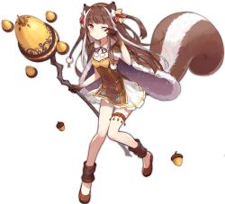 Rule 34 | 1girl, acorn, animal ear fluff, animal ears, ark order, blush, bow, breasts, brown cape, brown dress, brown eyes, brown footwear, brown gloves, brown hair, cape, closed mouth, dress, flats, full body, fur-trimmed cape, fur trim, gloves, hair bow, hairband, holding, holding staff, leg warmers, long hair, looking at viewer, official art, ratatoskr (ark order), red bow, rubbing eyes, sidelocks, sleepy, sleeveless, sleeveless dress, small breasts, solo, squirrel ears, squirrel girl, squirrel tail, staff, tachi-e, tail, thigh strap, transparent background, two side up, white dress, yellow bow, yellow hairband, yue yue