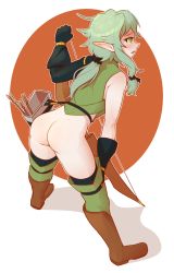 Rule 34 | 10s, 1girl, arrow (projectile), ass, asymmetrical sleeves, bent over, black bow, blush, boots, bottomless, bow, bow (weapon), commission, crossbow, dabble, elf, full body, gloves, goblin slayer!, green eyes, green hair, half-closed eyes, high elf archer (goblin slayer!), highres, no panties, nose, open mouth, pointy ears, sidelocks, simple background, solo, sweatdrop, uneven sleeves, weapon, white background