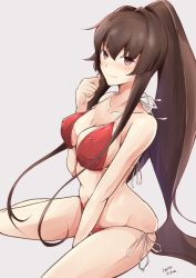 Rule 34 | 1girl, bikini, blush, breasts, brown hair, cleavage, closed mouth, collarbone, dated, grey background, hair intakes, hand to own mouth, hazuki futahi, kantai collection, kneeling, large breasts, long hair, looking at viewer, navel, purple eyes, red bikini, side-tie bikini bottom, simple background, sitting, skindentation, smile, solo, swimsuit, very long hair, yamato (kancolle)