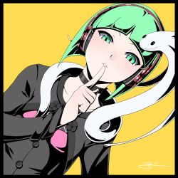 Rule 34 | 1girl, absurdres, blunt bangs, choker, collarbone, finger to mouth, green eyes, green hair, headphones, highres, index finger raised, its just suppi, lips, parted lips, phonon (under night in-birth), short hair, simple background, slit pupils, solo, under night in-birth, yellow background
