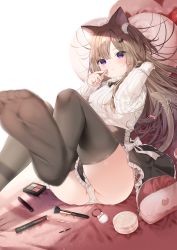 Rule 34 | 1girl, animal ear fluff, animal ears, bad id, bad pixiv id, black skirt, black thighhighs, blurry, blurry foreground, blush, breasts, brown hair, cat ears, cat girl, cat tail, closed mouth, commentary, cosmetics, depth of field, frilled skirt, frills, hair ornament, hairclip, has bad revision, has cropped revision, highres, holding, holding lipstick tube, leo (mafuyu), lipstick, lipstick tube, long hair, long sleeves, looking at viewer, mafuyu (chibi21), makeup, medium breasts, multicolored hair, nail polish, no shoes, one side up, original, panties, purple eyes, purple hair, ribbed sweater, ribbon, side-tie panties, skirt, sleeves past wrists, soles, solo, streaked hair, sweater, symbol-only commentary, tail, tail ornament, tail raised, tail ribbon, thighhighs, twitter username, underwear, very long hair, white panties, white ribbon, white sweater