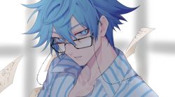 Rule 34 | 1boy, aqua eyes, aqua hair, artist name, black-framed eyewear, commentary, eyewear strap, fate/grand order, fate (series), glasses, hair between eyes, hans christian andersen (adult) (fate), hans christian andersen (fate), highres, male focus, merueki, parted lips, portrait, shirt, signature, simple background, solo, striped clothes, striped shirt, symbol-only commentary