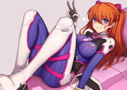 Rule 34 | 1girl, adapted costume, ass, blush, bodysuit, breasts, cosplay, covered erect nipples, d.va (overwatch), d.va (overwatch) (cosplay), evan yang, facial mark, gloves, long hair, medium breasts, neon genesis evangelion, orange hair, overwatch, overwatch 1, pilot suit, plugsuit, ribbed bodysuit, smile, solo, souryuu asuka langley, v, whisker markings, wide hips