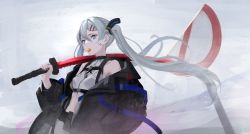 Rule 34 | 1girl, absurdres, asagon007, bare shoulders, black jacket, black nails, blue eyes, commentary request, cowboy shot, crop top, facial mark, floating hair, grey hair, grey shirt, hair between eyes, hair ornament, hairclip, hand in pocket, highres, holding, holding sword, holding weapon, jacket, katana, long hair, long sleeves, looking away, midriff, nail polish, off shoulder, open clothes, open jacket, original, puffy sleeves, road sign, shirt, sign, snowing, solo, stop sign, strap, sword, twintails, weapon