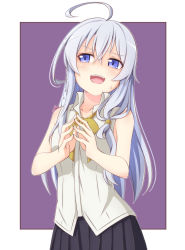Rule 34 | 1girl, ahoge, black skirt, blue eyes, blush, border, braid, breasts, collarbone, collared shirt, commentary request, elaina (majo no tabitabi), fingers together, grey hair, hair between eyes, hair ribbon, highres, long hair, looking away, looking to the side, majo no tabitabi, neck ribbon, nervous, nervous smile, open mouth, outside border, pleated skirt, pontasu, purple background, purple ribbon, ribbon, shirt, simple background, single braid, skirt, sleeveless, sleeveless shirt, smile, solo, standing, steepled fingers, sweat, teeth, upper teeth only, white border, white shirt, yellow ribbon