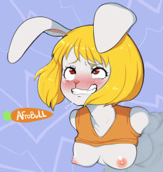 Rule 34 | 1girl, afrobull, animal ears, artist name, blonde hair, breasts, breasts out, carrot (one piece), clenched teeth, female focus, furry, furry female, medium breasts, moaning, nipples, no bra, nude, one piece, rabbit, rabbit ears, rabbit girl, red eyes, saliva, sexually suggestive, shiny skin, short hair, smile, solo, tears, teeth, white fur