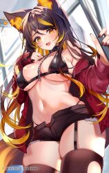 Rule 34 | 1girl, :d, animal ears, bare shoulders, bikini, black bikini, black choker, black hair, black shorts, black thighhighs, blonde hair, breasts, chain, choker, cleavage, commentary, cowboy shot, cutoffs, garter straps, halterneck, hand up, highres, holding, indie virtual youtuber, jacket, large breasts, long hair, long sleeves, looking at viewer, micro shorts, multicolored hair, nail polish, navel, off shoulder, open clothes, open fly, open jacket, open mouth, orange eyes, pole, red jacket, red nails, short shorts, shorts, sinder (vtuber), skindentation, smile, solo, stomach, strap gap, streaked hair, string bikini, swimsuit, tail, thighhighs, thighs, torn clothes, torn thighhighs, very long hair, virtual youtuber, wolf ears, wolf girl, wolf tail, yuniiho