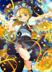 Rule 34 | &gt;:d, 1girl, :d, arm up, black footwear, black hat, black skirt, blonde hair, blush, bow, braid, broom, broom riding, cloud, commentary request, flower, full body, hair between eyes, hair bow, hat, kirisame marisa, looking at viewer, mary janes, no socks, open mouth, puffy sleeves, red bow, shoes, side braid, single braid, skirt, skirt set, smile, solo, sparkle, star (symbol), sunflower, tika (mika4975), touhou, v-shaped eyebrows, v over eye, witch hat, yellow eyes
