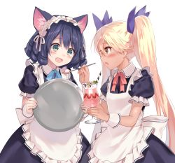 Rule 34 | 10s, 2girls, animal ears, bad id, bad pixiv id, blonde hair, blue hair, blush, brown eyes, cat ears, curly hair, cyan (show by rock!!), fang, feeding, food, fukahire (ruinon), glasses, green eyes, hair ornament, headband, long hair, maid, multiple girls, open mouth, parfait, retoree (show by rock!!), short hair, show by rock!!, simple background, tray, twintails, white background