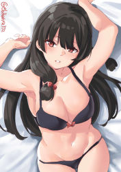 Rule 34 | 1girl, armpits, black bra, black hair, black panties, blunt bangs, blush, bow, bow bra, bra, breasts, cleavage, ebifurya, from above, hair ribbon, highres, isokaze (kancolle), kantai collection, long hair, looking at viewer, lying, medium breasts, navel, on back, panties, parted lips, red eyes, ribbon, solo, stomach, thighs, tress ribbon, underwear, underwear only