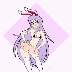 Rule 34 | 1girl, animated, animated gif, bikini, blush, bouncing breasts, breasts, breasts out, female focus, highres, long hair, looking at viewer, purple hair, rabbit ears, rabbit girl, red eyes, reisen udongein inaba, skirt, small breasts, solo, standing, swimsuit, thighhighs, thong, topless, touhou, white thighhighs, zedrin