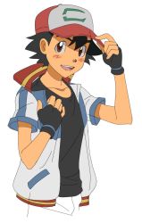 Rule 34 | 1boy, ash ketchum, bad id, bad twitter id, black gloves, black hair, brown eyes, creatures (company), facial mark, fingerless gloves, game freak, gloves, highres, jacket, looking at viewer, male focus, nintendo, open clothes, open jacket, pokemon, pokemon (anime), pokemon the movie: the power of us, smile, solo, upper body, whisker markings